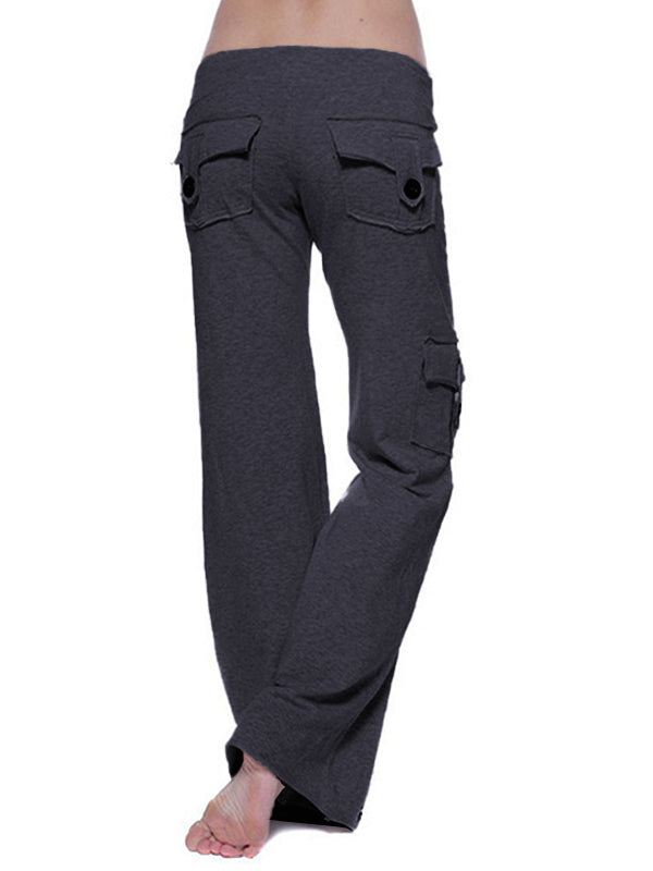 Button Pocket Stretchy Waist Straight Leg Pants