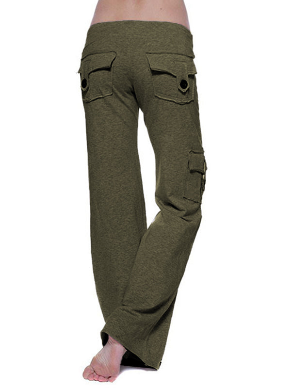 Button Pocket Stretchy Waist Straight Leg Pants