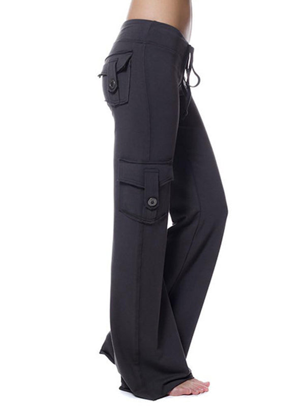 Button Pocket Stretchy Waist Straight Leg Pants