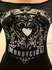 Vintage Heart Print Off Shoulder Long Sleeve Tee