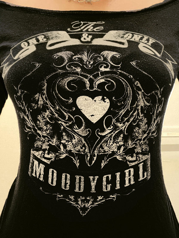 Vintage Heart Print Off Shoulder Long Sleeve Tee