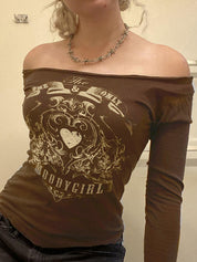 Vintage Heart Print Off Shoulder Long Sleeve Tee
