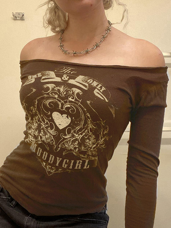 Vintage Heart Print Off Shoulder Long Sleeve Tee