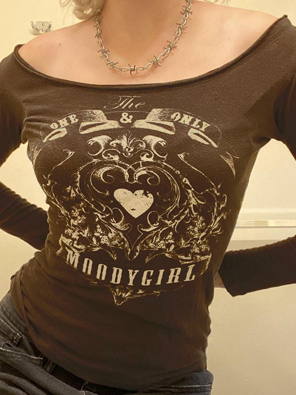 Vintage Heart Print Off Shoulder Long Sleeve Tee