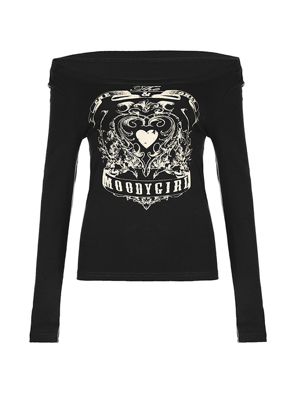 Vintage Heart Print Off Shoulder Long Sleeve Tee