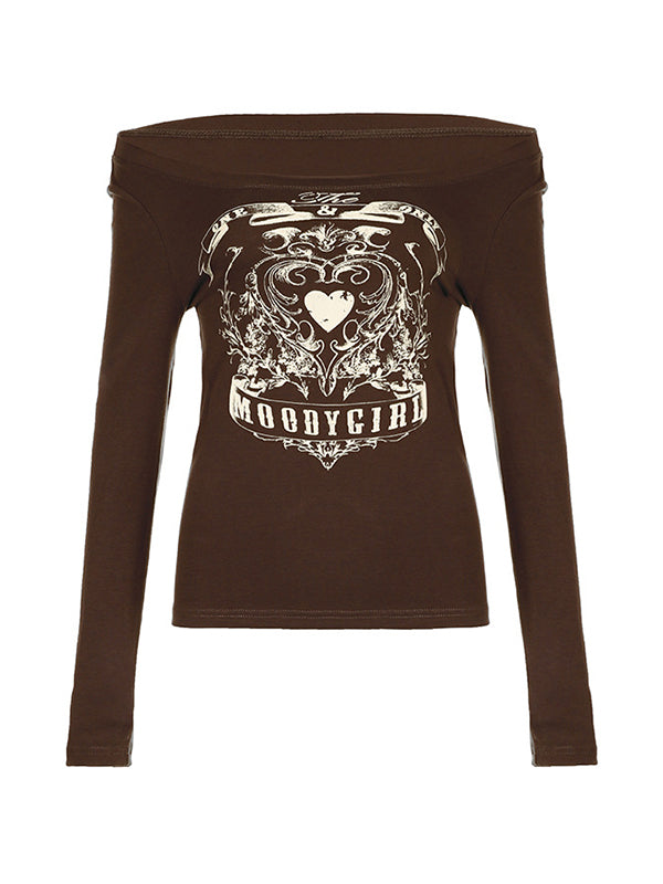 Vintage Heart Print Off Shoulder Long Sleeve Tee