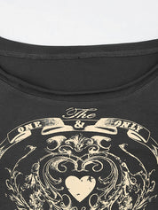 Vintage Heart Print Off Shoulder Long Sleeve Tee