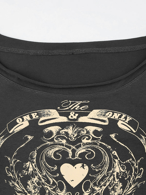 Vintage Heart Print Off Shoulder Long Sleeve Tee