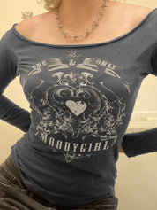 Vintage Heart Print Off Shoulder Long Sleeve Tee