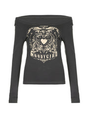 Vintage Heart Print Off Shoulder Long Sleeve Tee