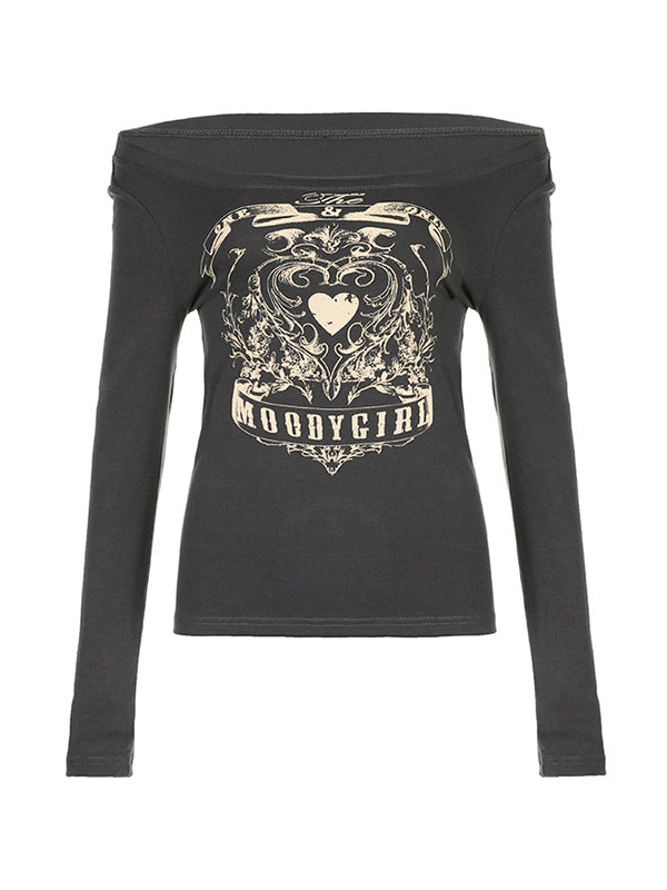 Vintage Heart Print Off Shoulder Long Sleeve Tee