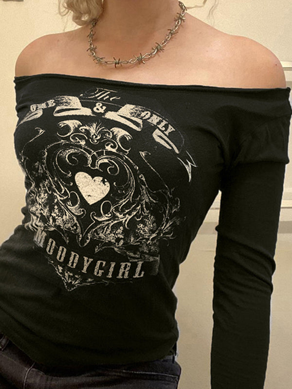 Vintage Heart Print Off Shoulder Long Sleeve Tee