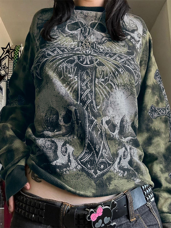 Tie Dye Skull Cross Print Oversized Long Sleeve Tee