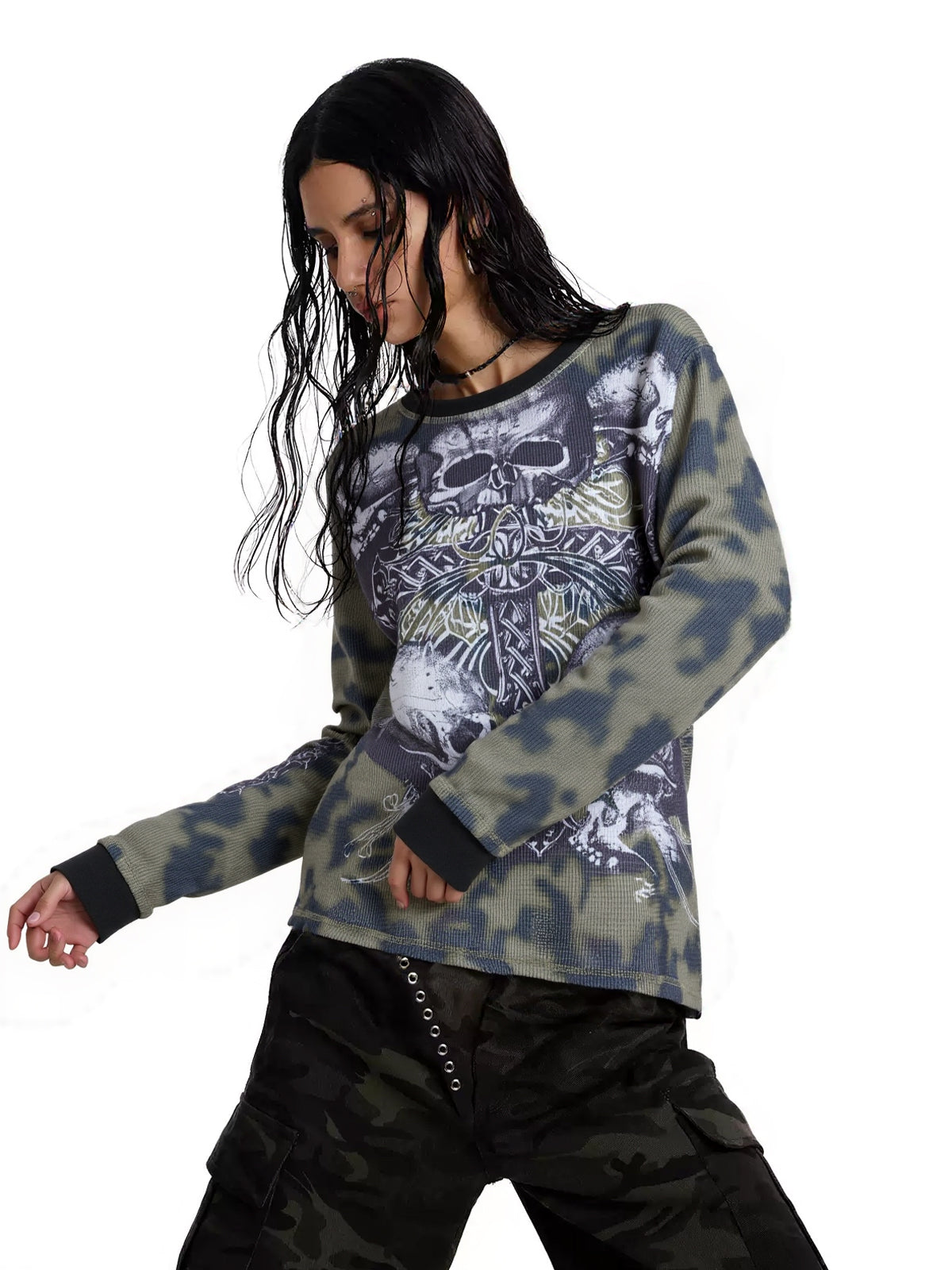 Tie Dye Skull Cross Print Oversized Long Sleeve Tee