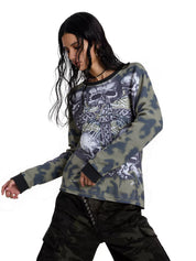 Tie Dye Skull Cross Print Oversized Long Sleeve Tee