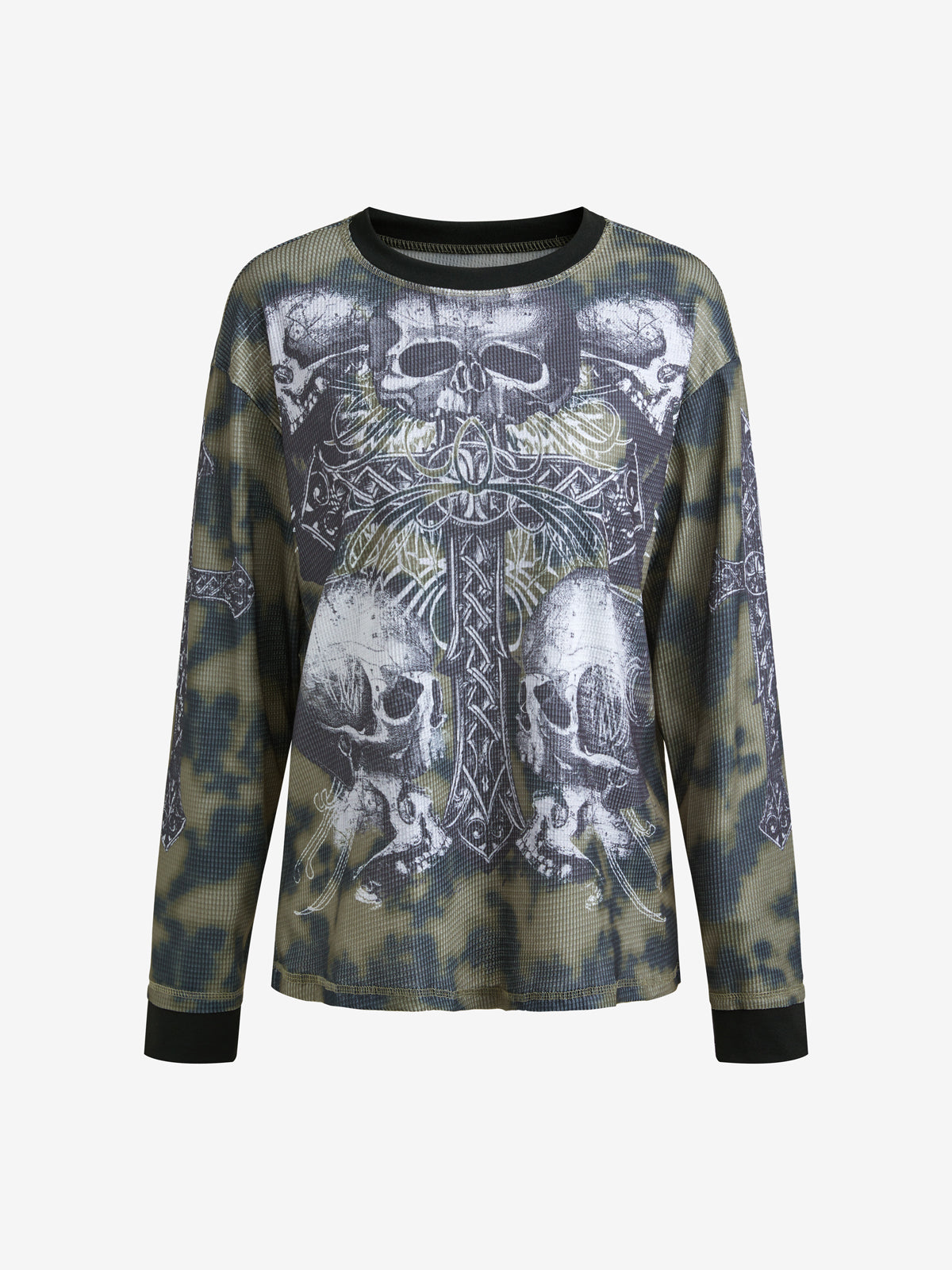Tie Dye Skull Cross Print Oversized Long Sleeve Tee