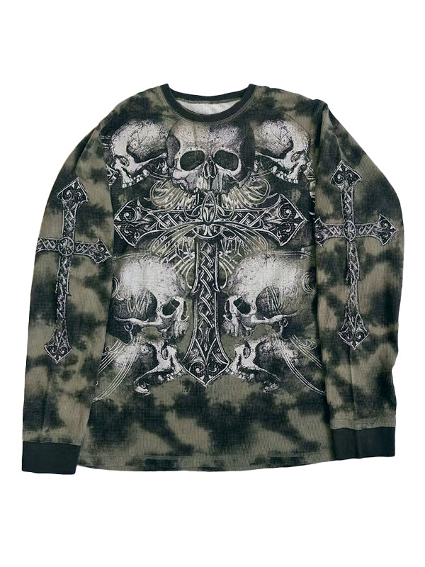 Tie Dye Skull Cross Print Oversized Long Sleeve Tee