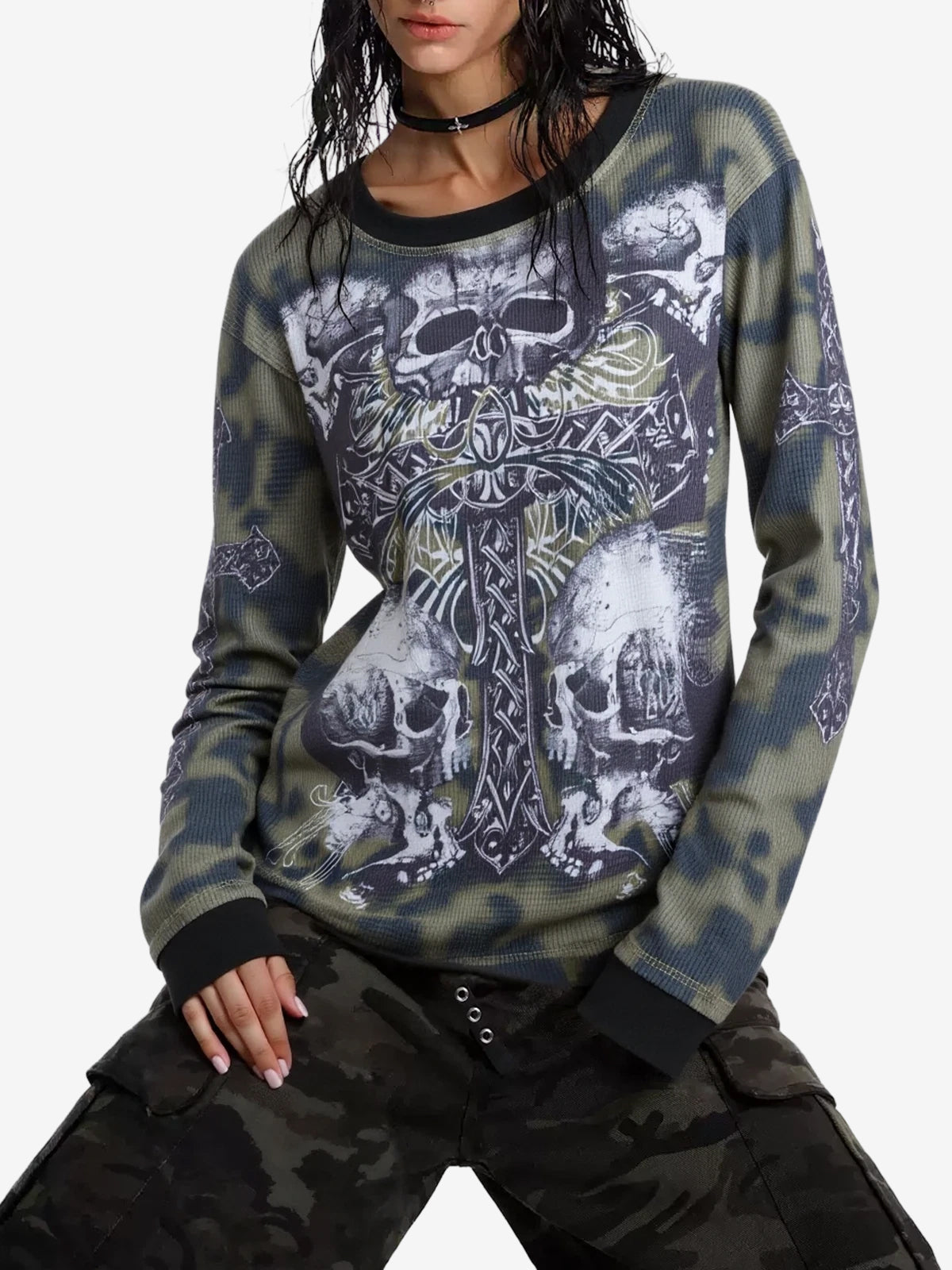 Tie Dye Skull Cross Print Oversized Long Sleeve Tee