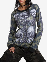Tie Dye Skull Cross Print Oversized Long Sleeve Tee