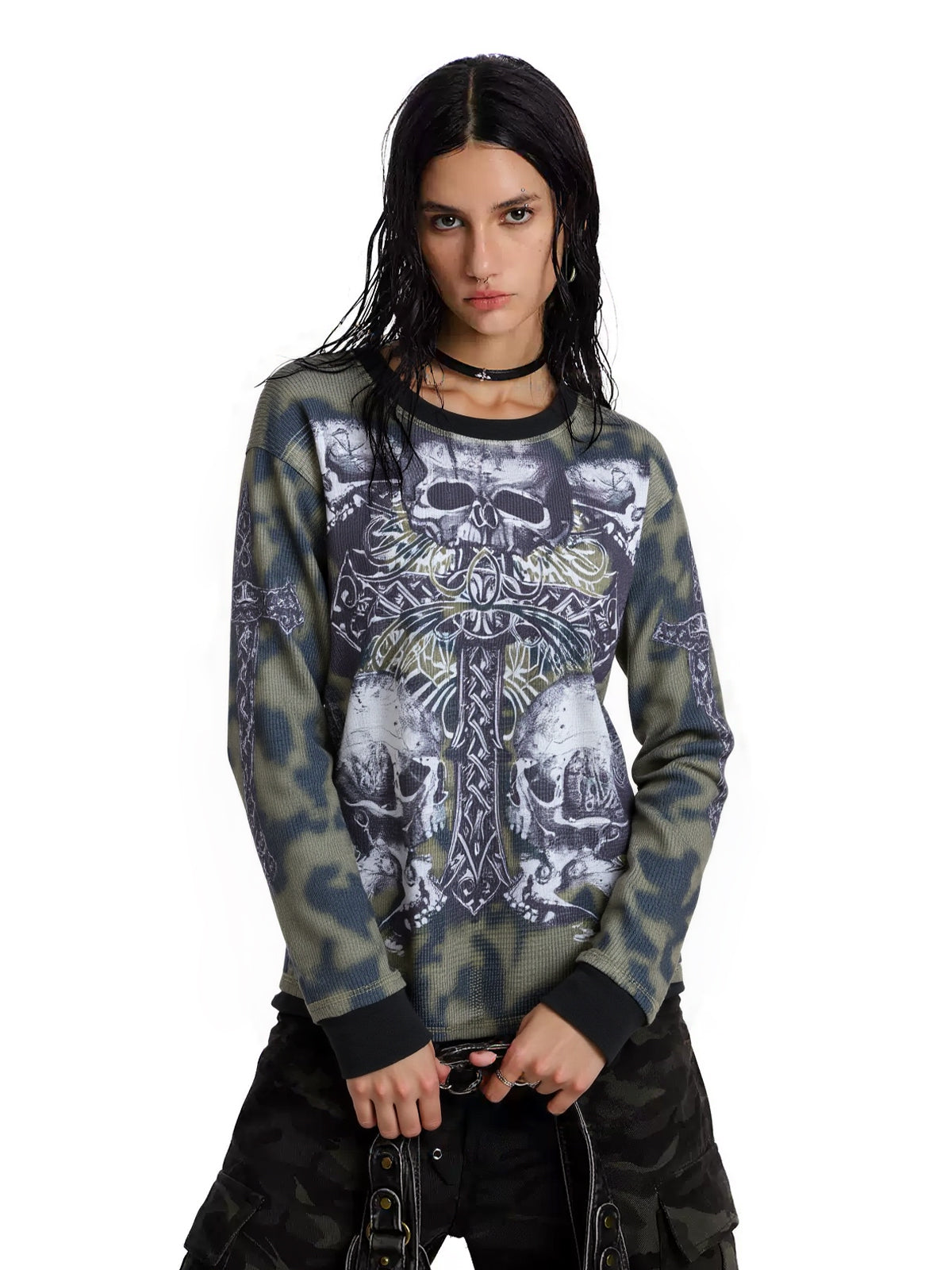 Tie Dye Skull Cross Print Oversized Long Sleeve Tee