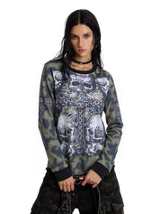 Tie Dye Skull Cross Print Oversized Long Sleeve Tee