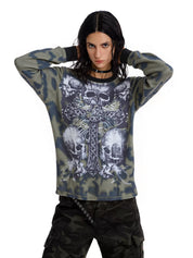 Tie Dye Skull Cross Print Oversized Long Sleeve Tee