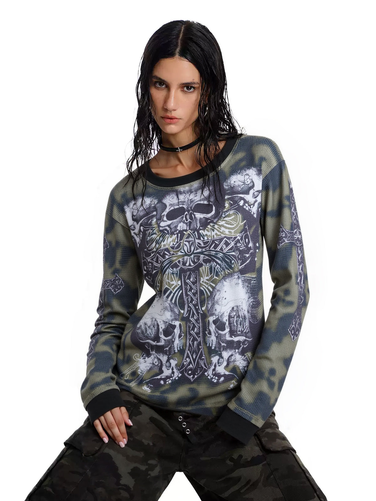 Tie Dye Skull Cross Print Oversized Long Sleeve Tee