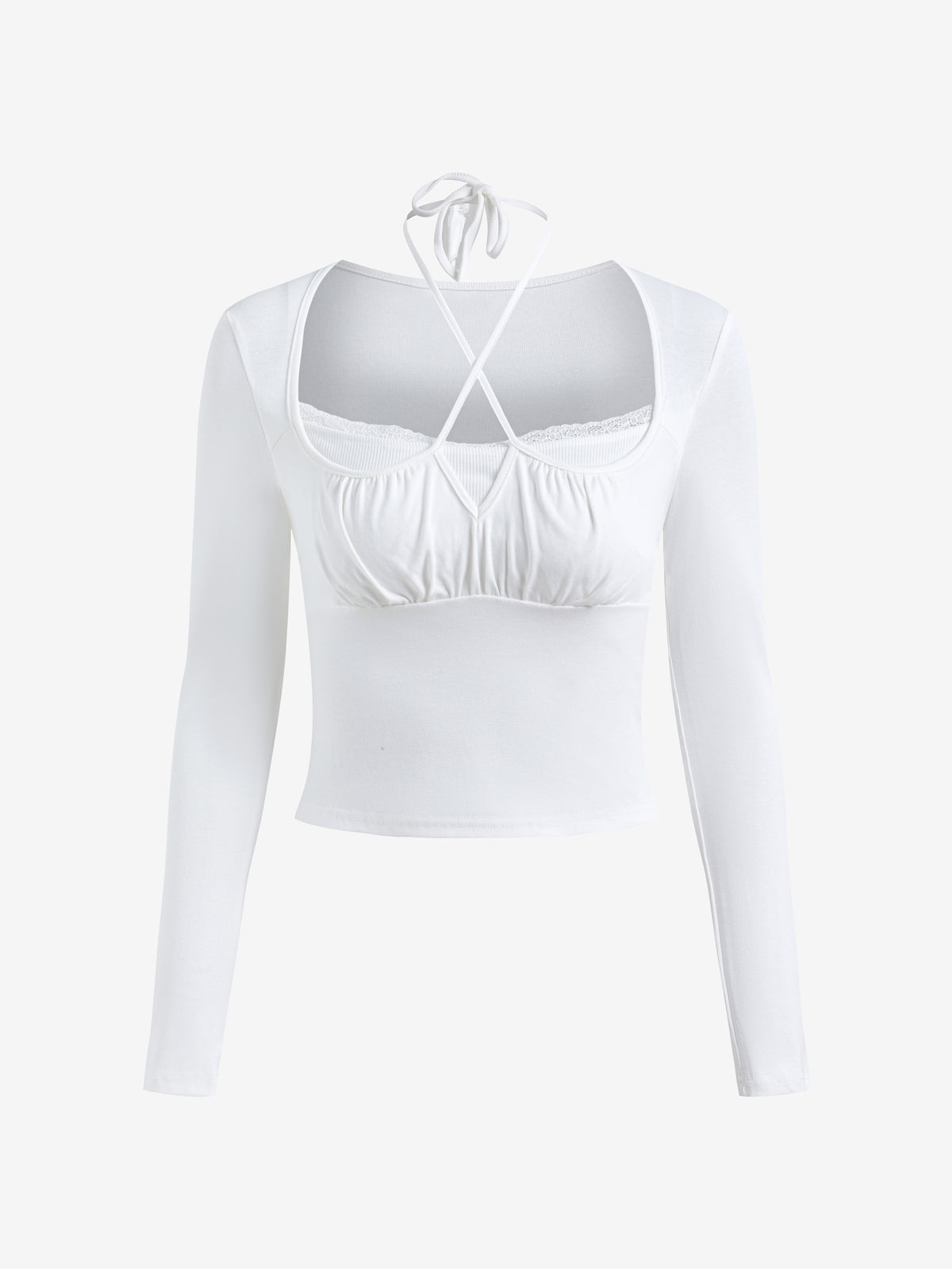 Lace Trim Shirred Lace Up Long Sleeve Tee