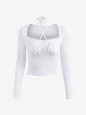 Lace Trim Shirred Lace Up Long Sleeve Tee