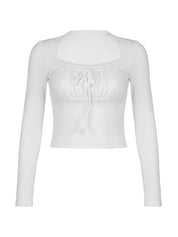 Lace Trim Shirred Lace Up Long Sleeve Tee