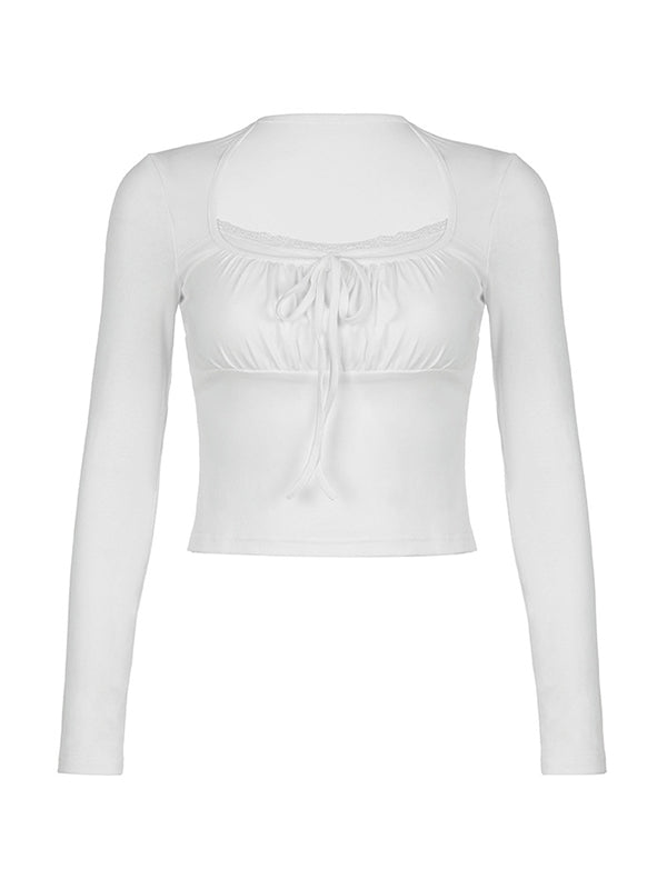 Lace Trim Shirred Lace Up Long Sleeve Tee