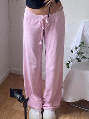 Letter Embroidered Print Drawstring Straight Leg Pants