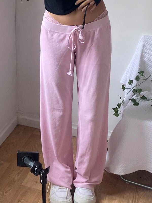 Letter Embroidered Print Drawstring Straight Leg Pants