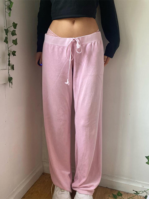 Letter Embroidered Print Drawstring Straight Leg Pants