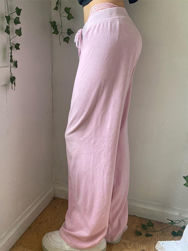 Letter Embroidered Print Drawstring Straight Leg Pants