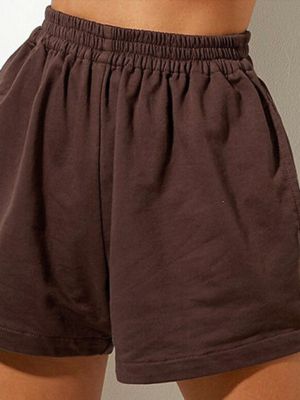 Solid Elastic Waist High Rise Shorts
