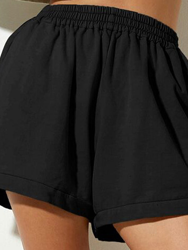 Solid Elastic Waist High Rise Shorts