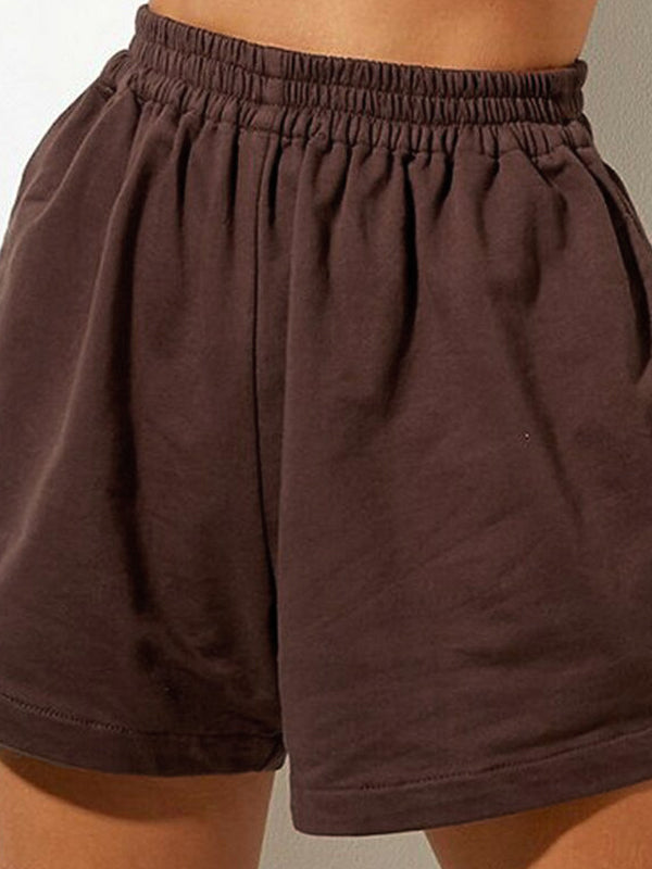 Solid Elastic Waist High Rise Shorts