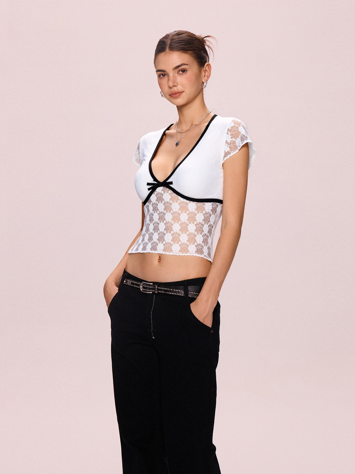 Lace Bow Splice V Neck Short Sleeve Tee