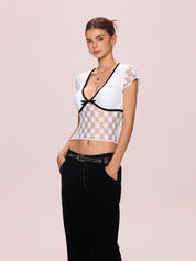 Lace Bow Splice V Neck Short Sleeve Tee