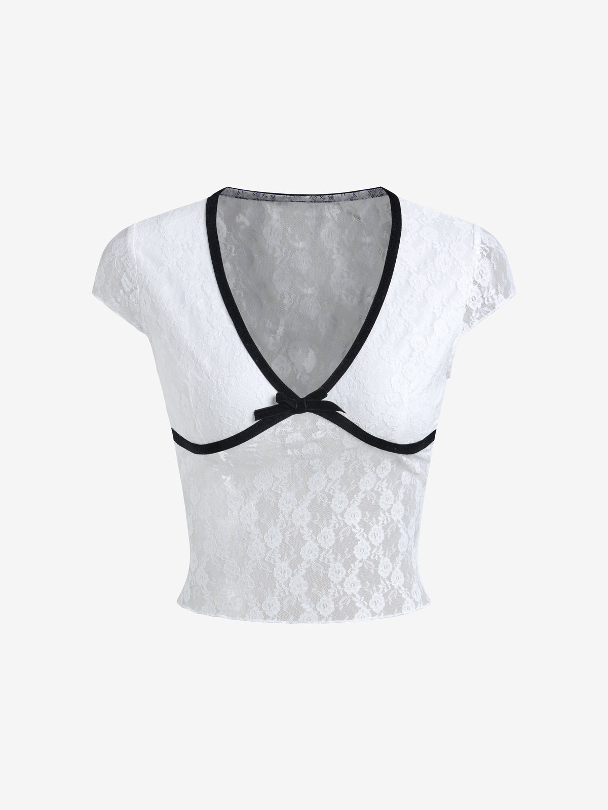 Lace Bow Splice V Neck Short Sleeve Tee