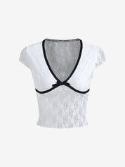 Lace Bow Splice V Neck Short Sleeve Tee