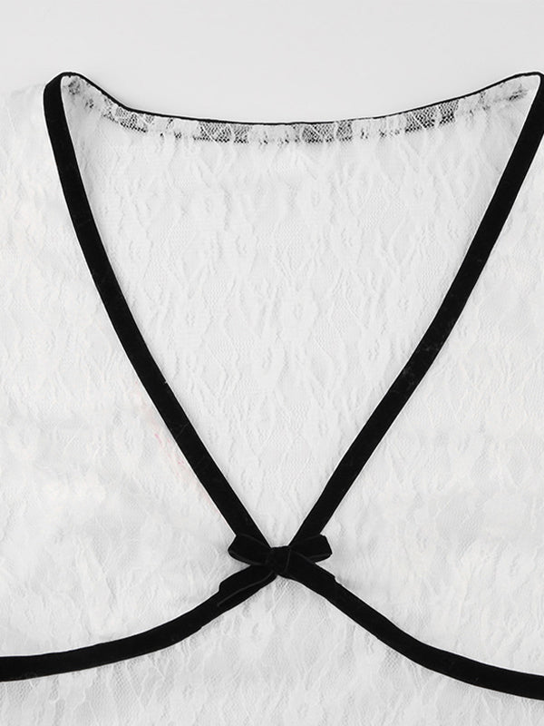 Lace Bow Splice V Neck Short Sleeve Tee
