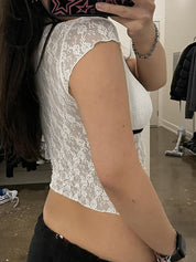Lace Bow Splice V Neck Short Sleeve Tee