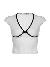 Lace Bow Splice V Neck Short Sleeve Tee