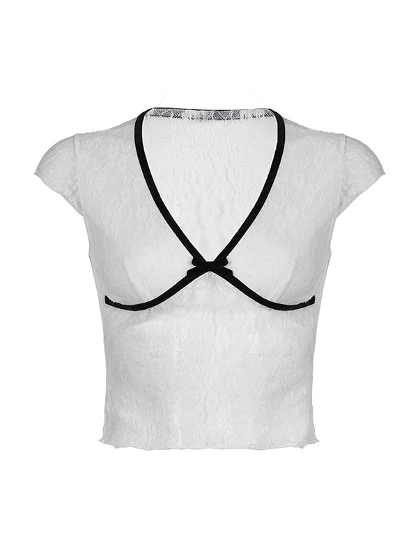 Lace Bow Splice V Neck Short Sleeve Tee