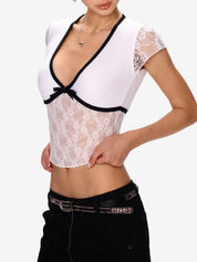 Lace Bow Splice V Neck Short Sleeve Tee