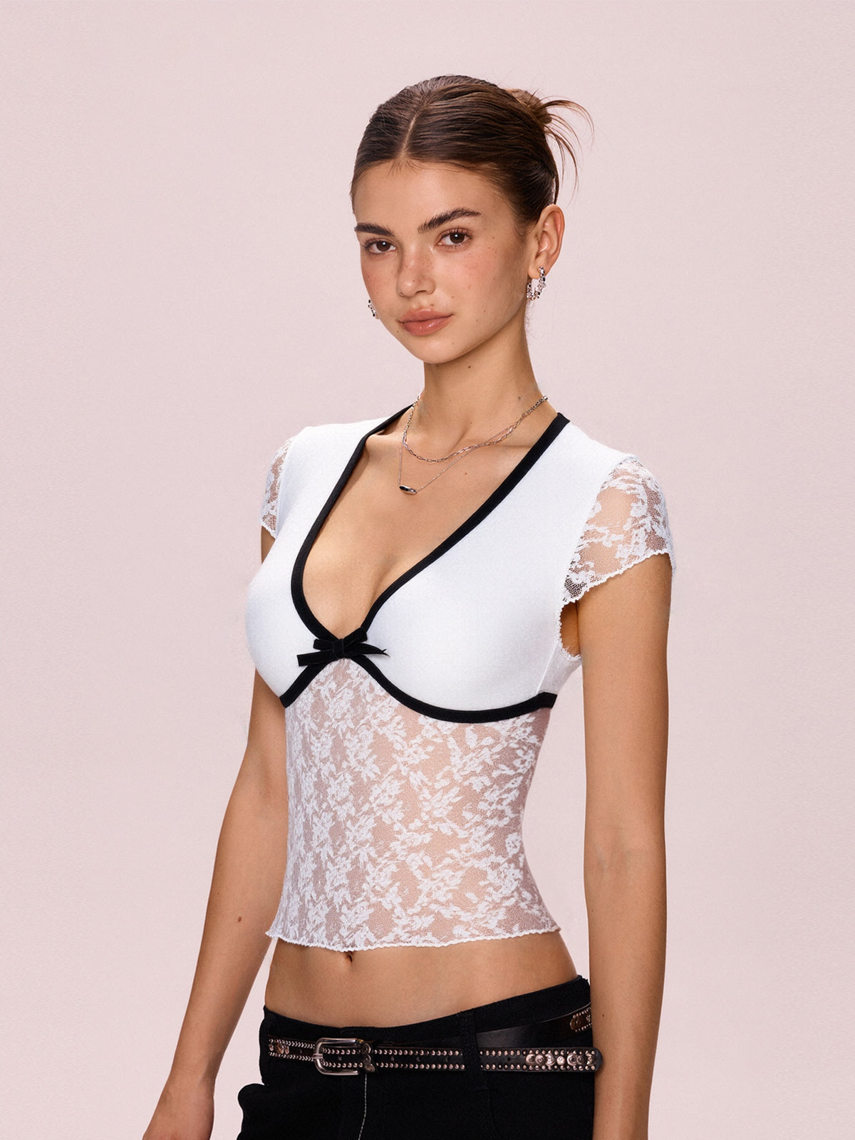 Lace Bow Splice V Neck Short Sleeve Tee