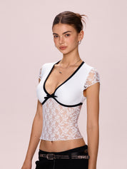Lace Bow Splice V Neck Short Sleeve Tee