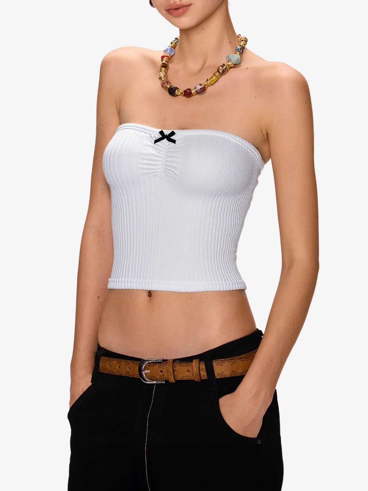 Solid Textured Bow Bandeau Top